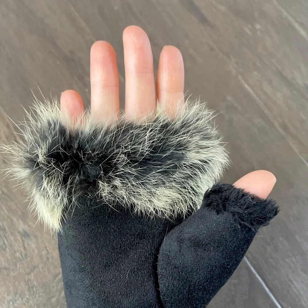 Vintage Shearling Suede Fingerless Gloves Rabbit Fur Trim Black Ivory Mittens